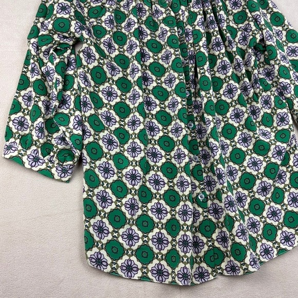 Crème Fraîche Green Floral Print Blouse Women's Small Top 3/4 Sleeve Button Down - Picture 2 of 8